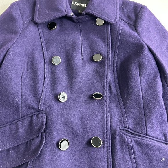 Express Womens Pea Coat Double Breasted Wool Blend Size M Purple Long Sleeves - Picture 5 of 12